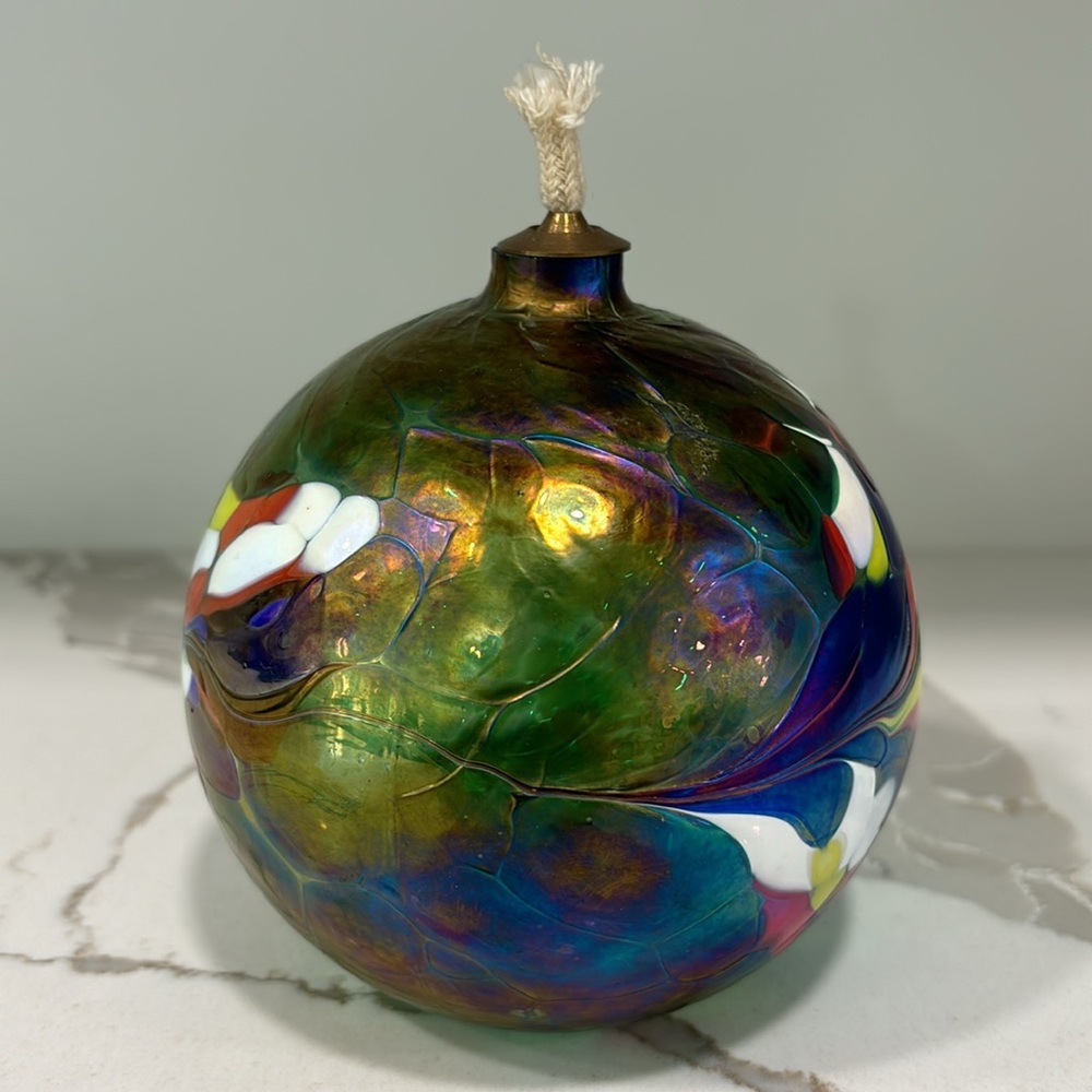 Handblown Iridescent Mosaic Art Glass Oil Lamp With Brass Top - Picture 6 of 14